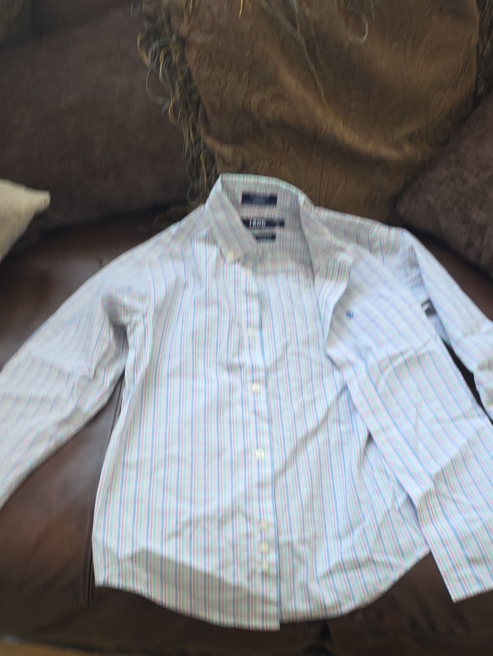 Izod White Button-Down Shirt with Light Blue and Pink Stripes
